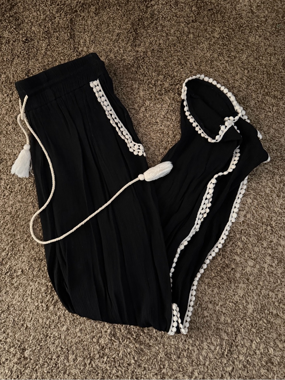 Black Crochet-Trim Drawstring Jogger Pants